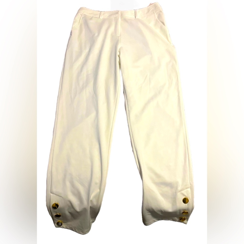 white pants with golden buttons
